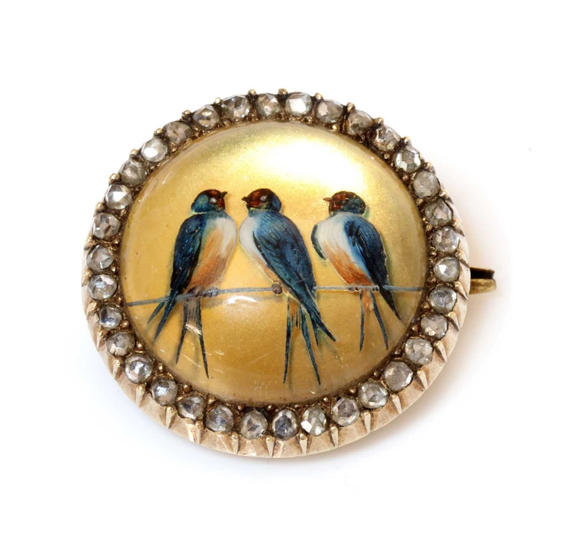 A former Austro-Hungarian diamond set reverse painted crystal intaglio brooch, c.1880,