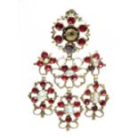 A late 18th century Iberian flat cut garnet and freshwater pearl pendant drop, later converted to a