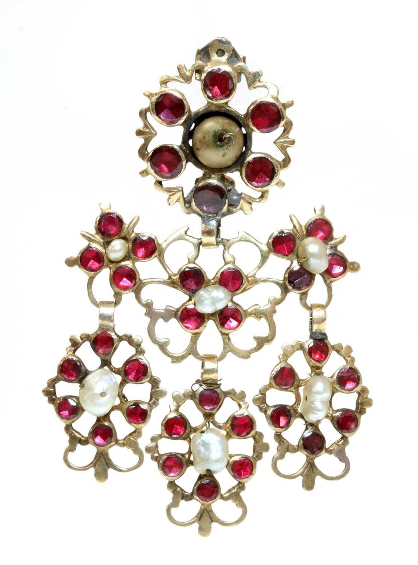 A late 18th century Iberian flat cut garnet and freshwater pearl pendant drop, later converted to a