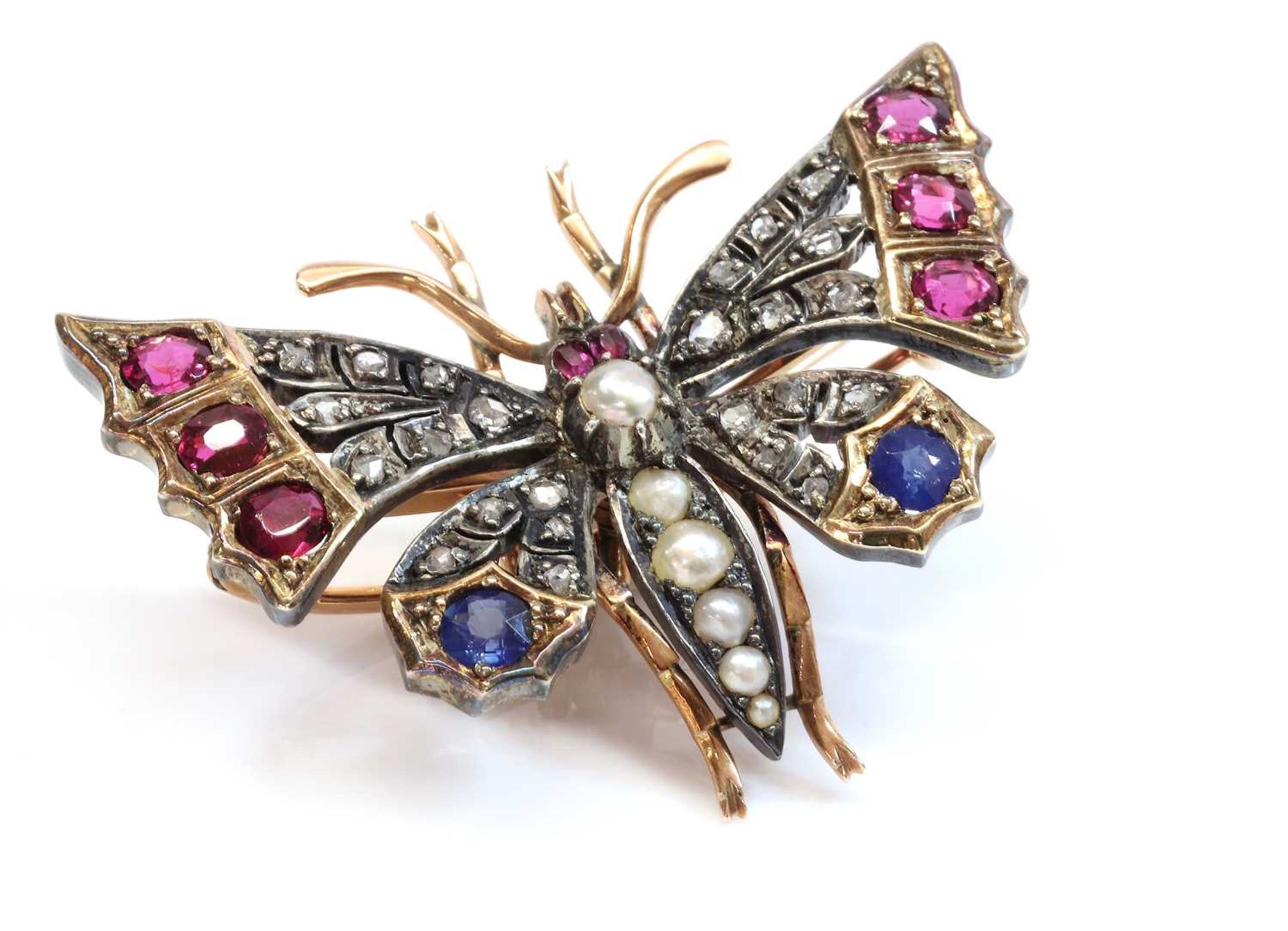 A split pearl ruby, sapphire and diamond butterfly brooch, c.1900, - Image 2 of 6