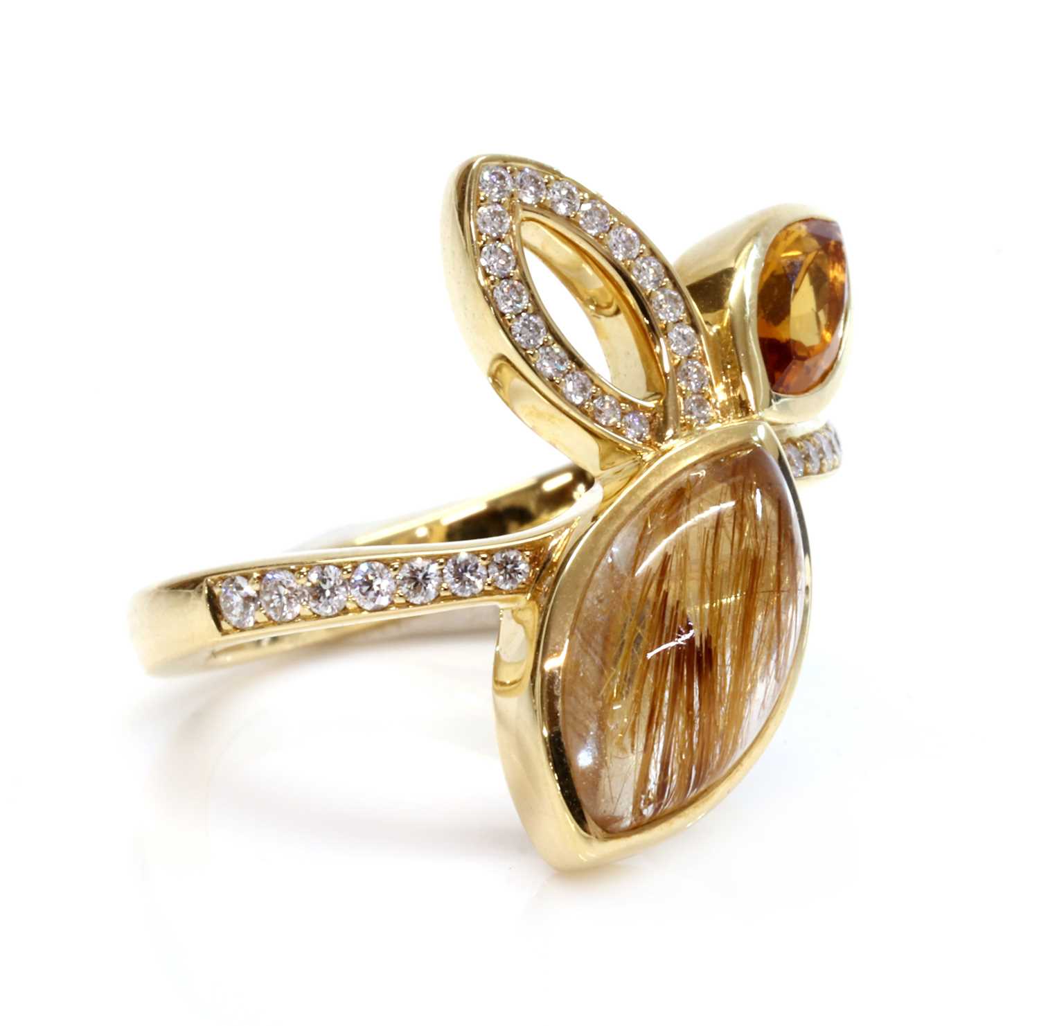 An 18ct gold rutilated golden quartz, citrine and diamond set ring, by Hamilton & Inches, c.2013,