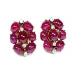 A pair of cabochon ruby and diamond earrings, c.1945,