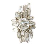 A white gold diamond set cocktail style cluster ring head, c.1970,