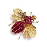 A Continental gold ruby and diamond set bee brooch/pendant,