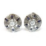 A pair of white gold diamond and synthetic sapphire bombé earrings, c.1940,