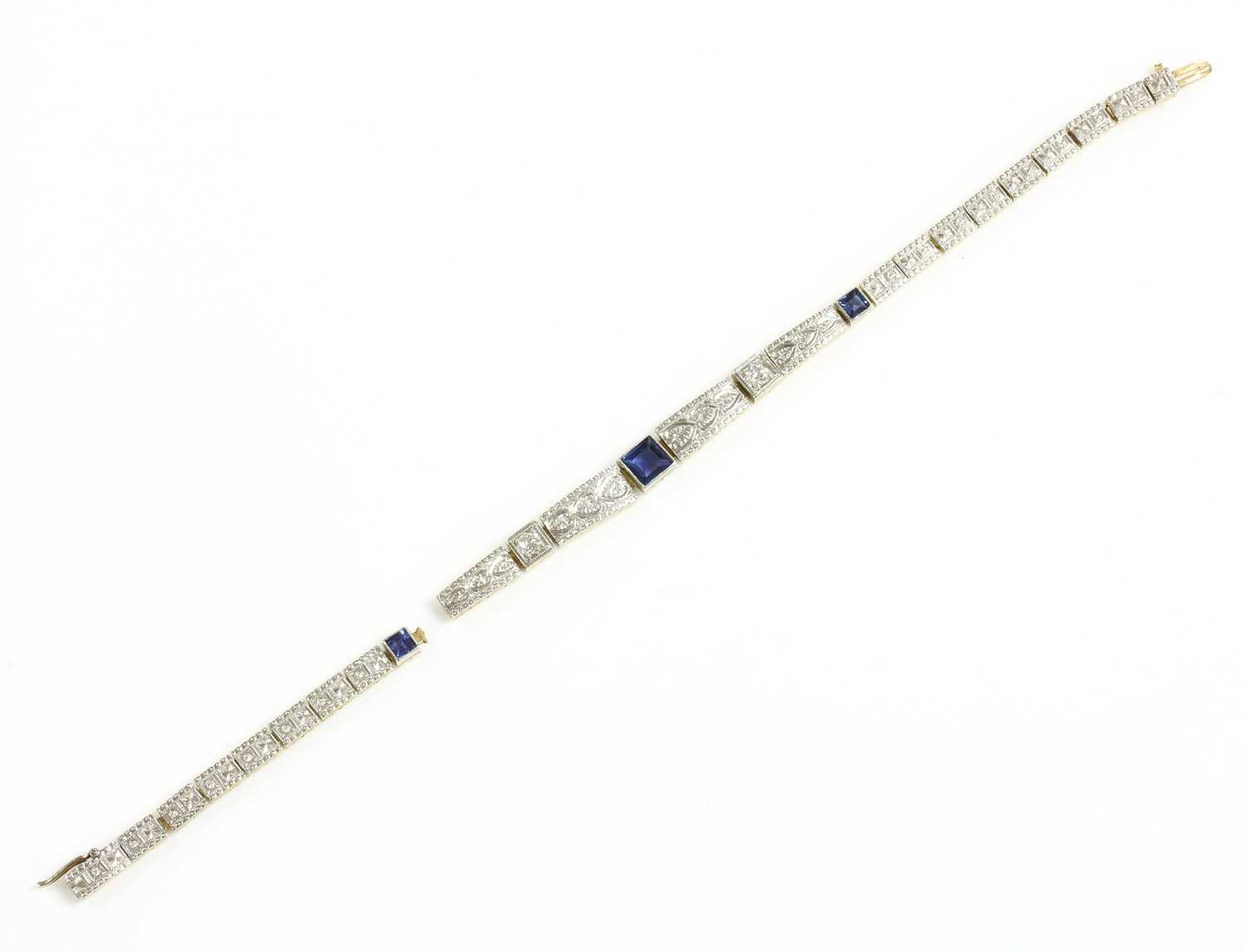 An American Art Deco synthetic sapphire and diamond bracelet, by Allsopp and Allsop, c.1925, - Image 2 of 2