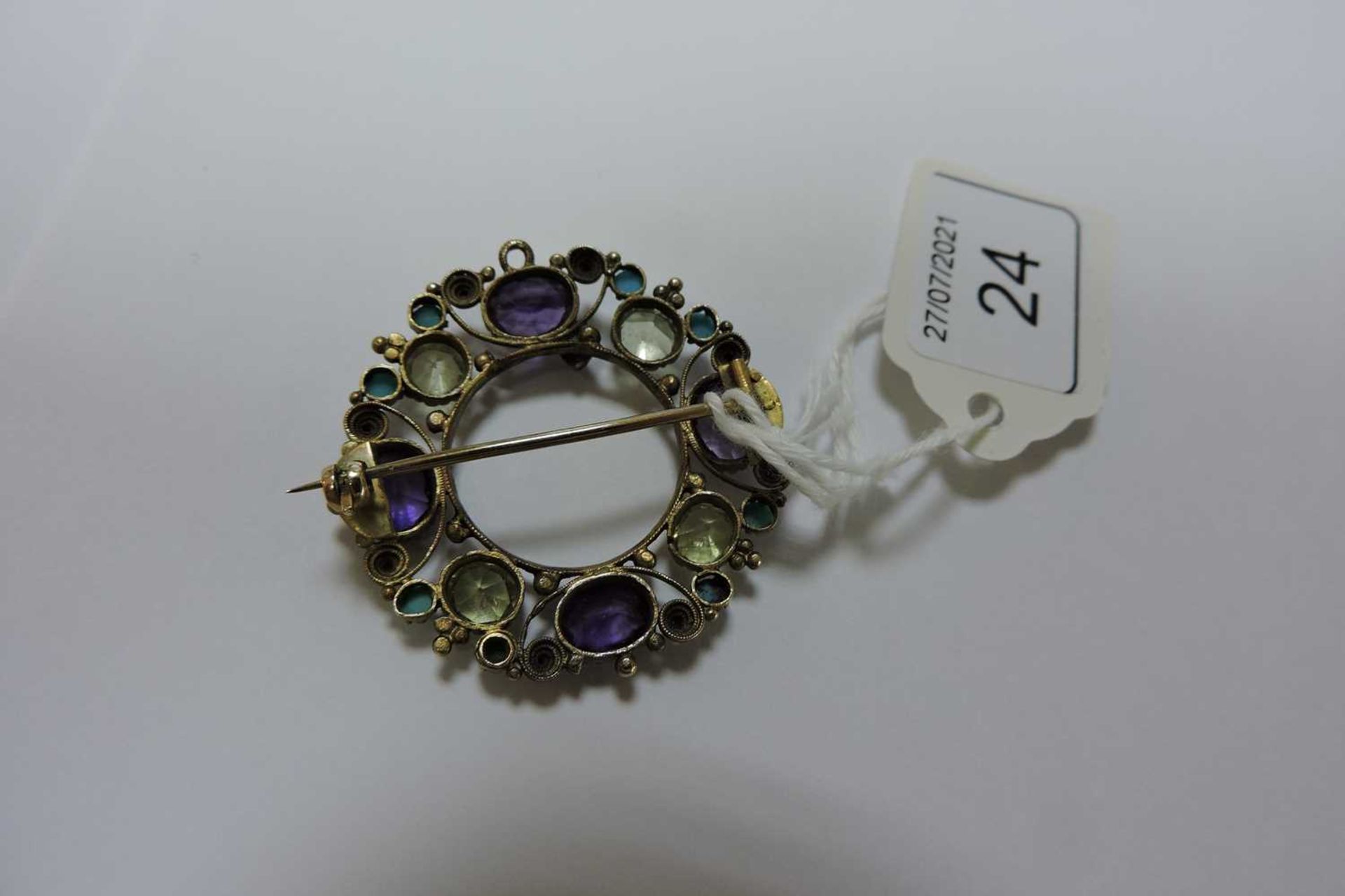 A Regency gold amethyst, chrysolite and turquoise cannetille brooch/pendant, - Image 3 of 3