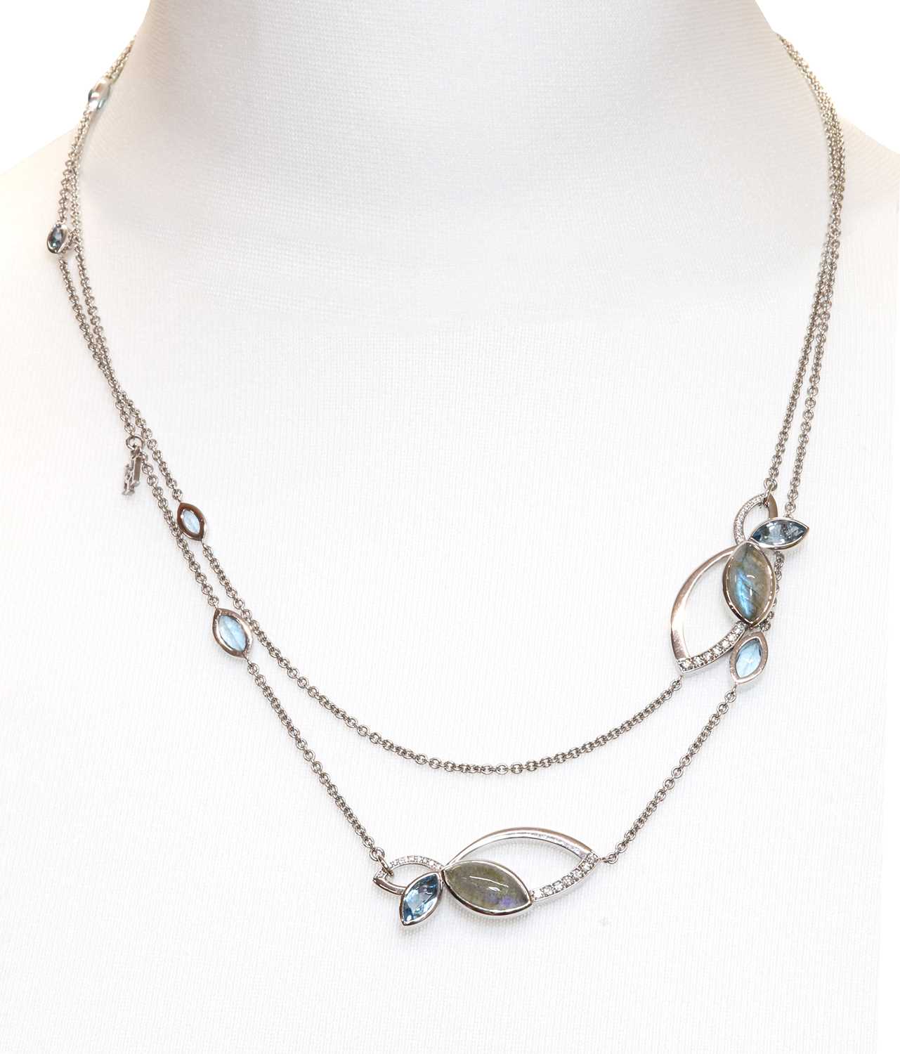 An 18ct white gold labradorite, aquamarine and diamond set long chain, by Hamilton & Inches, c.2015,