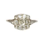 An Art Deco diamond set cushion shaped cluster ring,