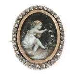A Victorian hand painted diamond set memorial brooch,