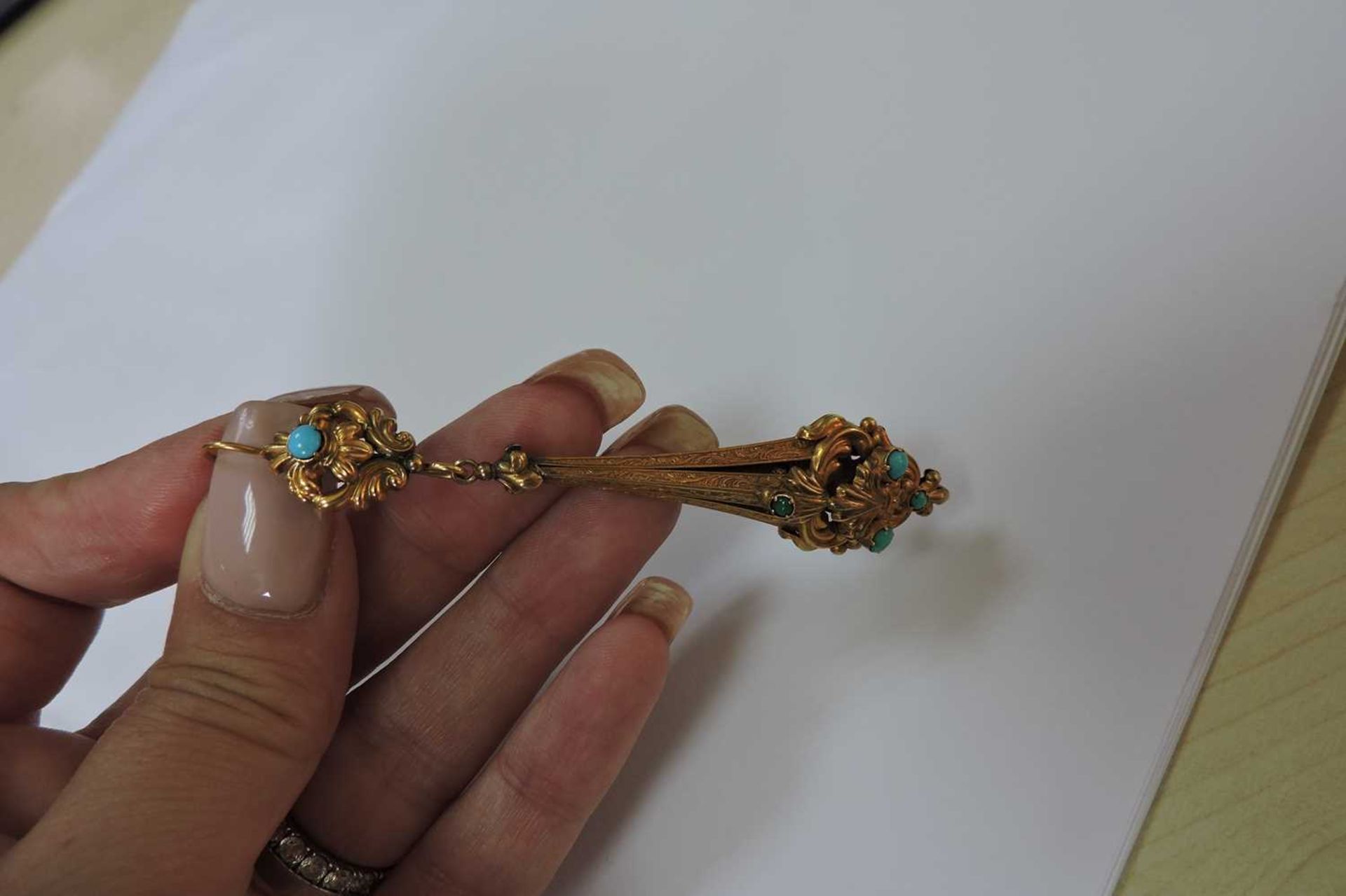 A pair of Regency gold and turquoise set drop earrings, - Image 4 of 4