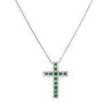 An 18ct white gold emerald and diamond Latin style cross,
