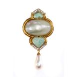 An Italian blister pearl, cultured mabé pearl, emerald and diamond brooch,