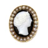 A Victorian hardstone and split pearl cameo brooch,