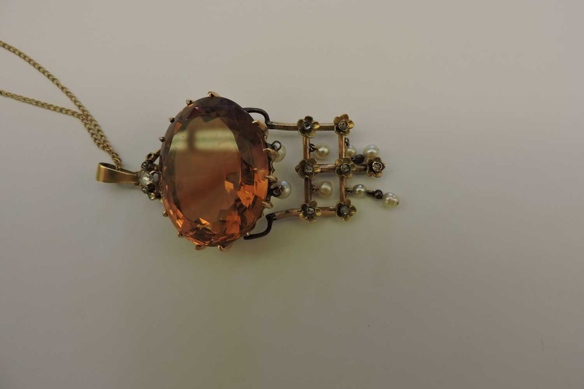 A Continental citrine, pearl and diamond pendant, c.1880, - Image 4 of 7