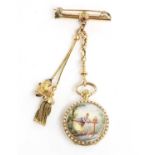 A Swiss gold enamel and split pearl mechanical fob watch,