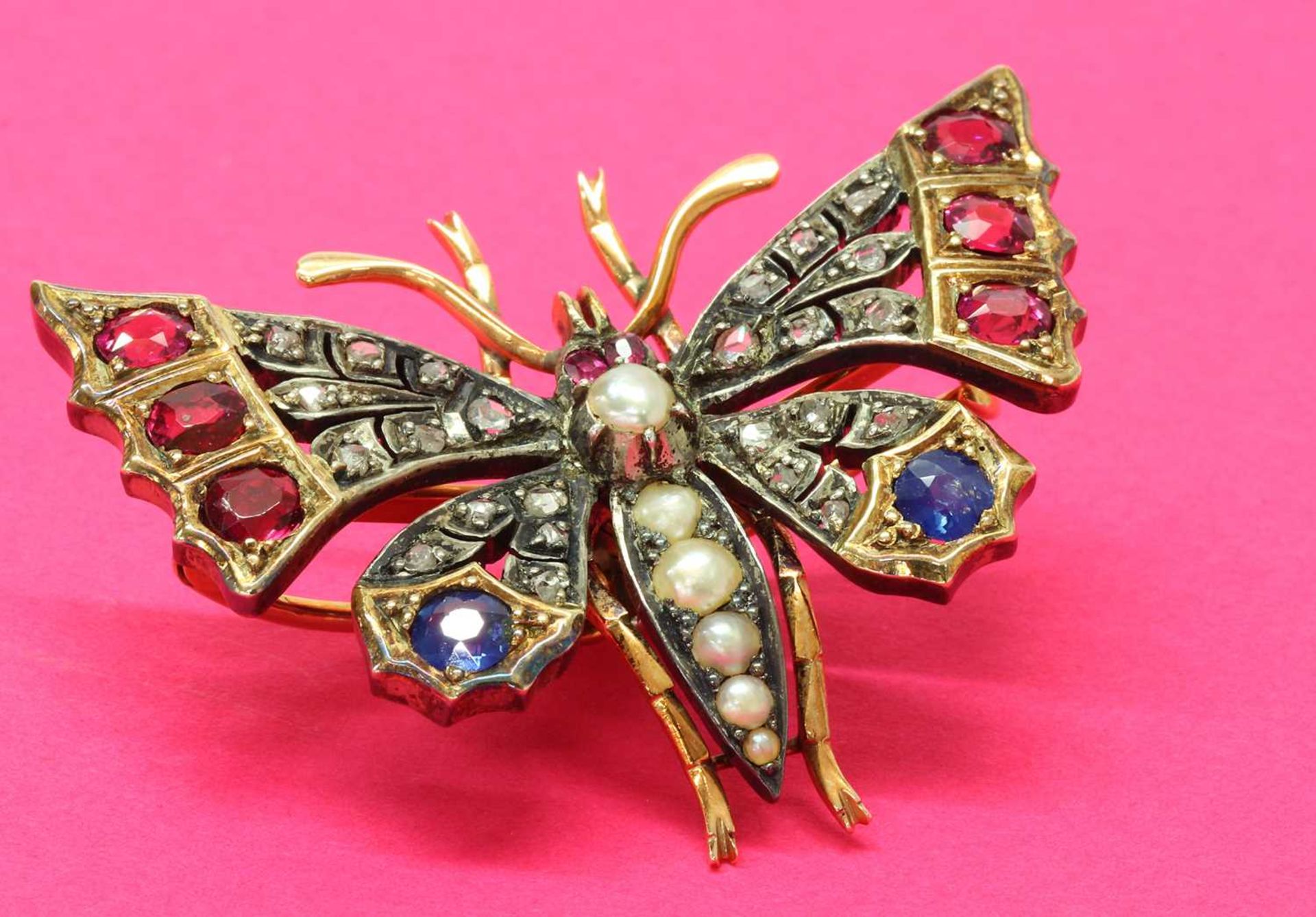 A split pearl ruby, sapphire and diamond butterfly brooch, c.1900, - Image 3 of 6
