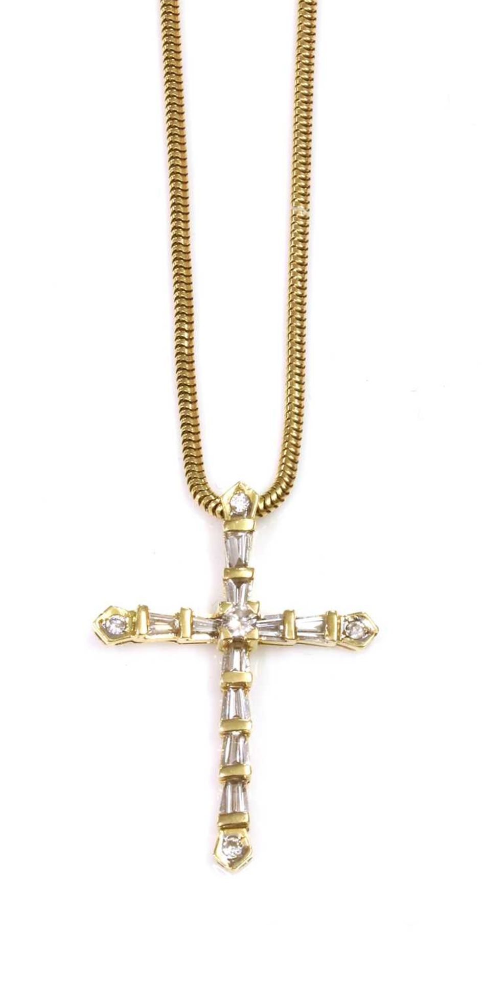 A Latin style diamond set cross and chain,