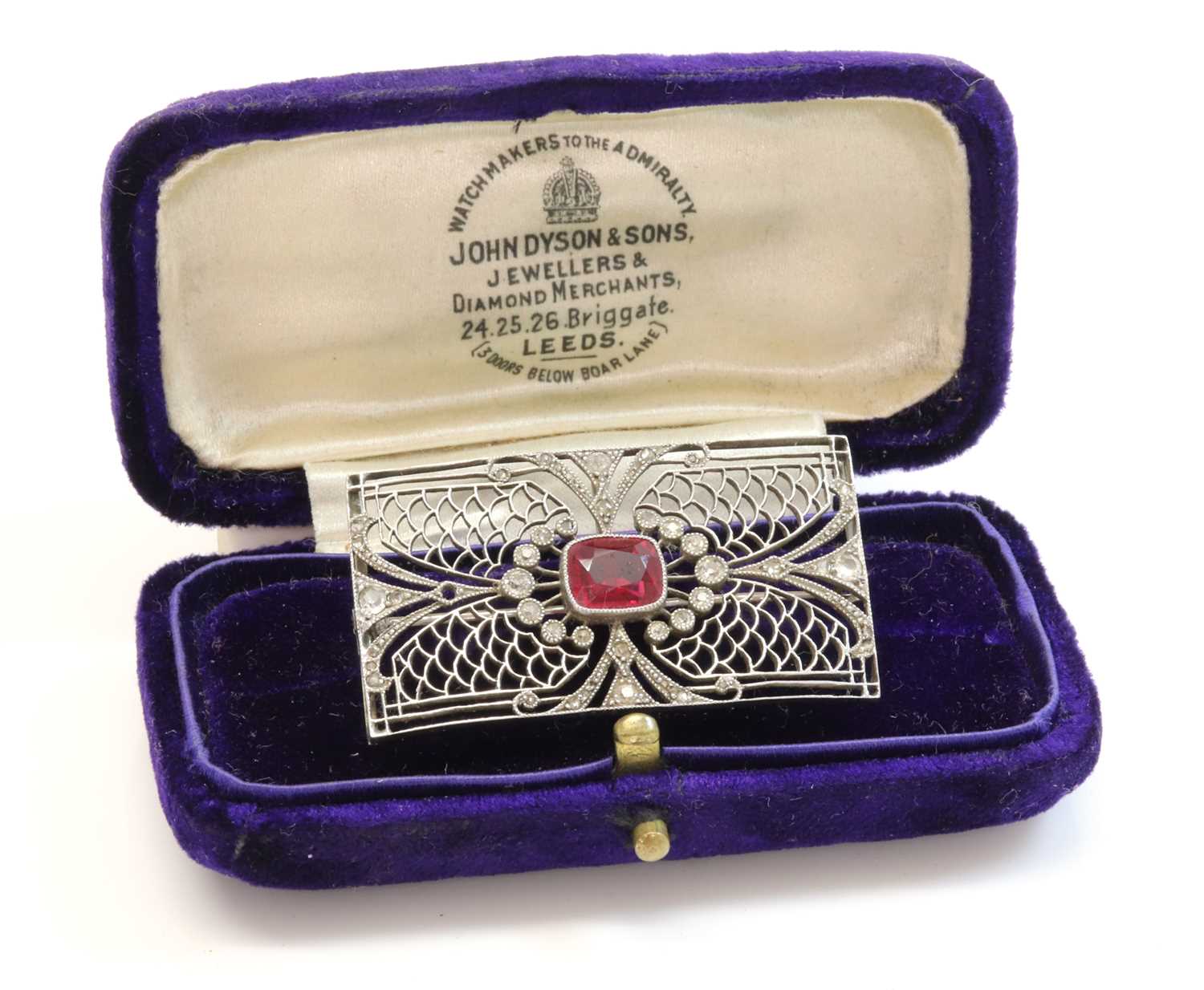An Art Deco synthetic ruby and diamond rectangular plaque brooch, - Image 2 of 5