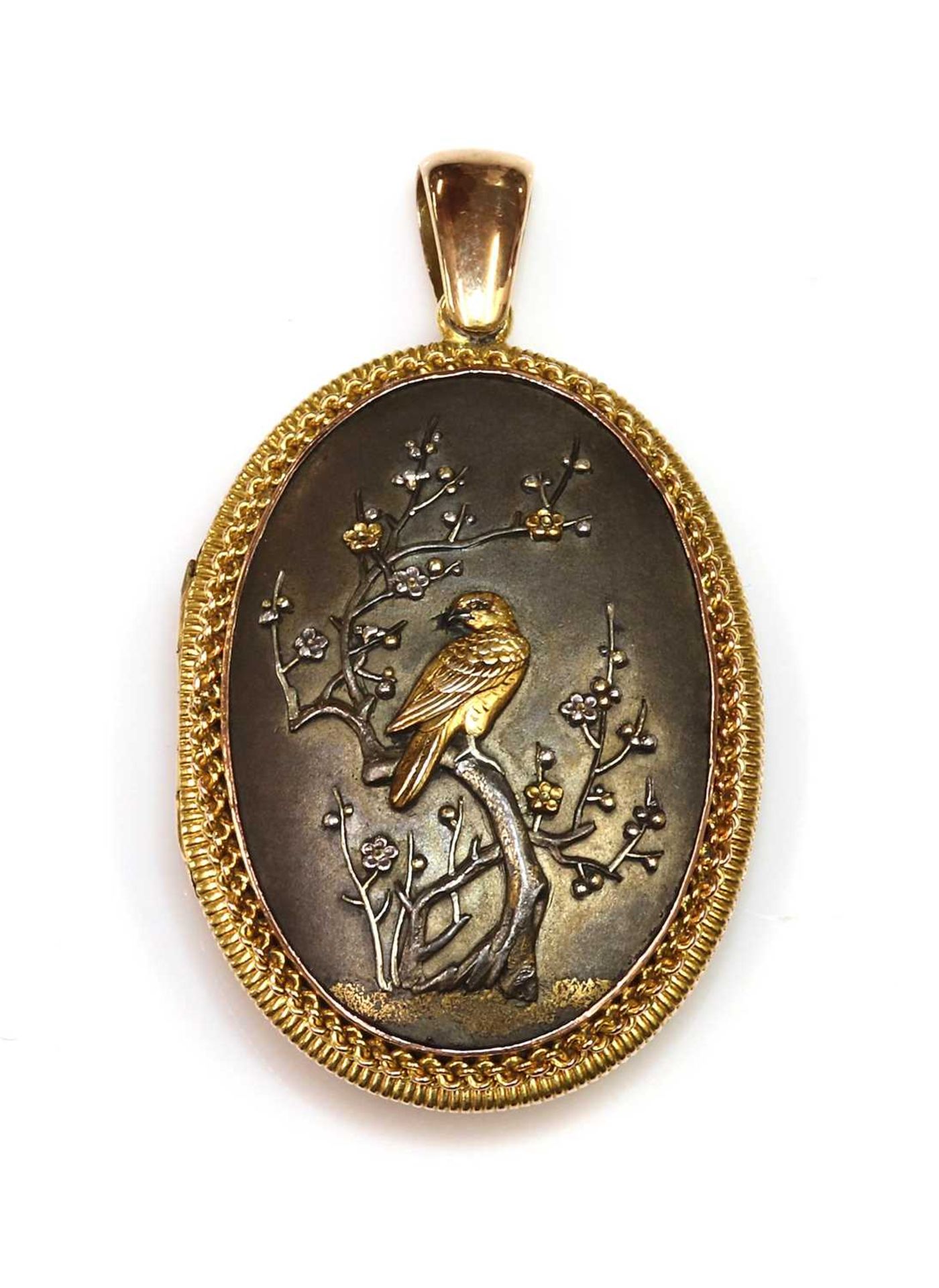 A Shakudo double sided oval hinged locket, c.1880, - Image 2 of 5