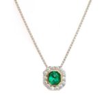 A two colour gold emerald and diamond octagonal cluster pendant,