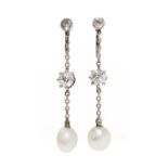 A pair of Edwardian pearl and diamond drop earrings,