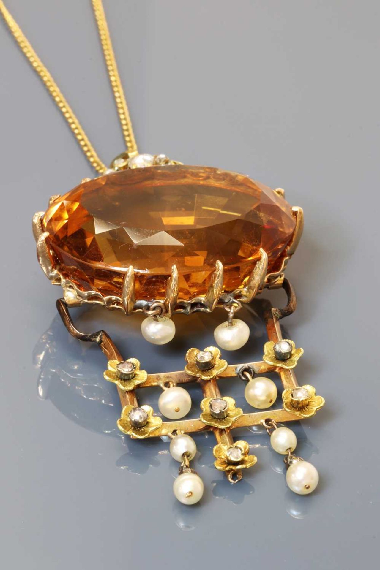 A Continental citrine, pearl and diamond pendant, c.1880, - Image 2 of 7