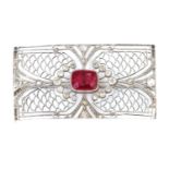 An Art Deco synthetic ruby and diamond rectangular plaque brooch,