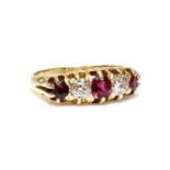 An 18ct gold red spinel, ruby and diamond boat shaped ring, c.1900,