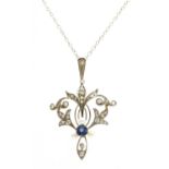 A sapphire, seed pearl and diamond pendant, c.1910,