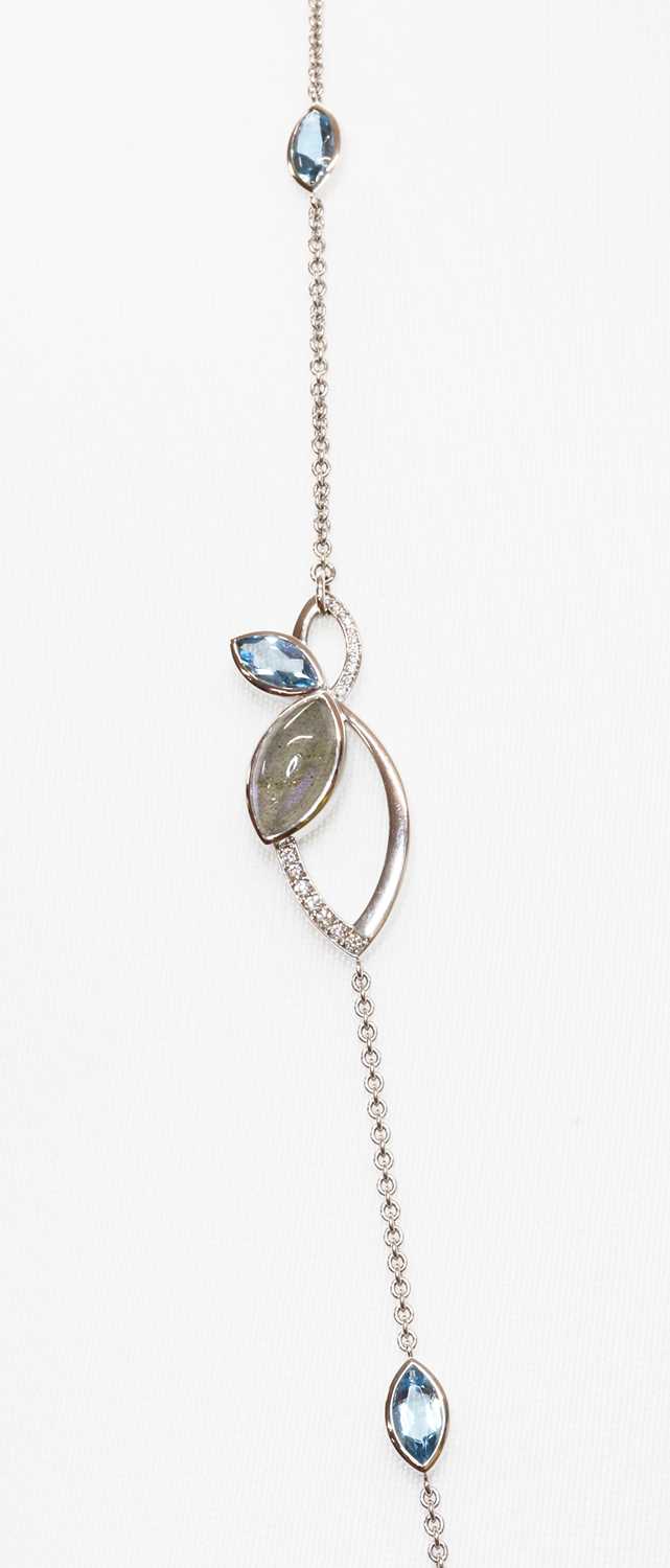 An 18ct white gold labradorite, aquamarine and diamond set long chain, by Hamilton & Inches, c.2015, - Image 3 of 4