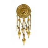 A gold enamel archaeological revival Etruscan style fringe brooch, by Fortunato Pio Castellani, c.18