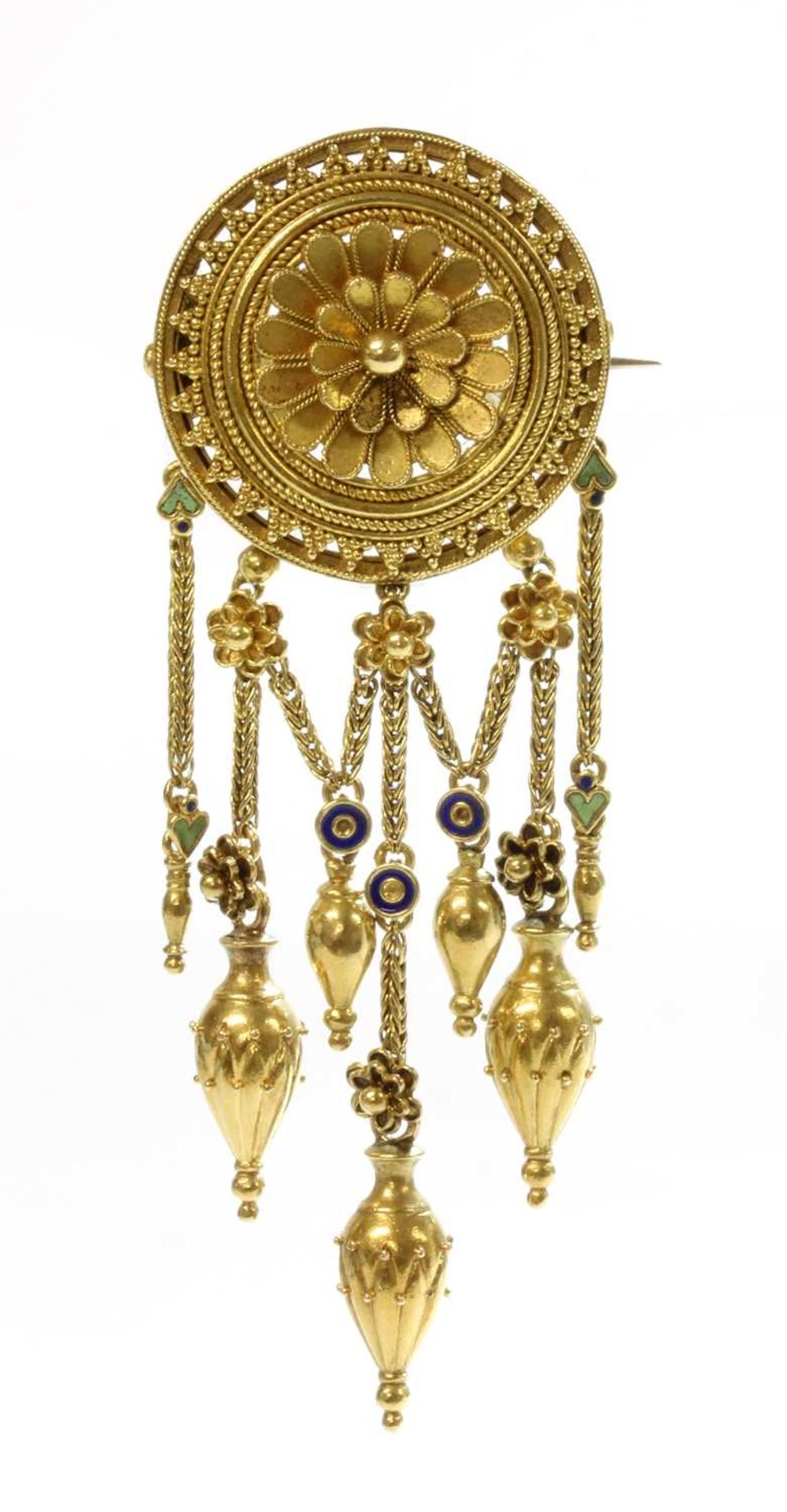 A gold enamel archaeological revival Etruscan style fringe brooch, by Fortunato Pio Castellani, c.18