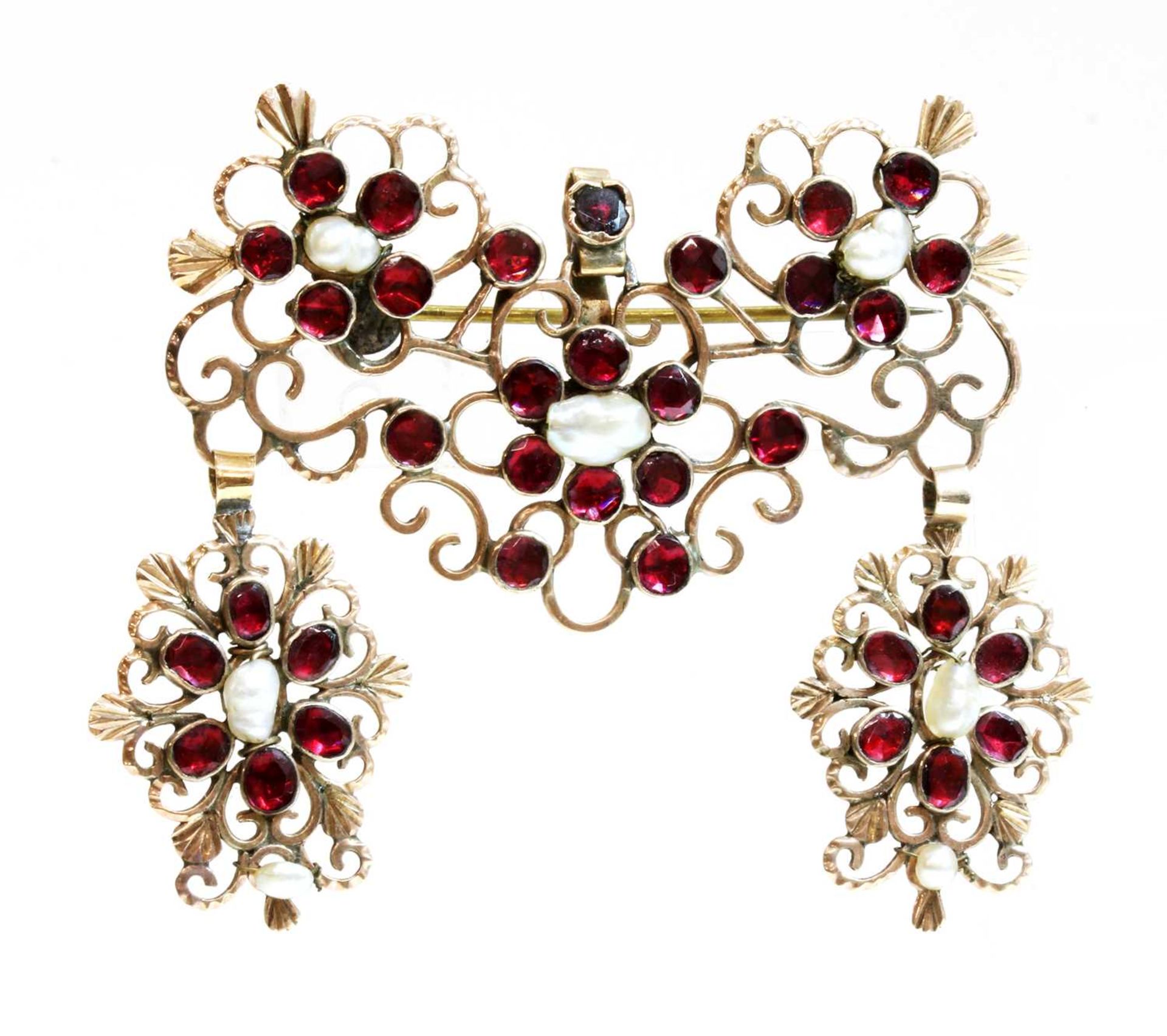 A late 18th century Iberian flat cut garnet and freshwater pearl brooch/pendant, c.1800,