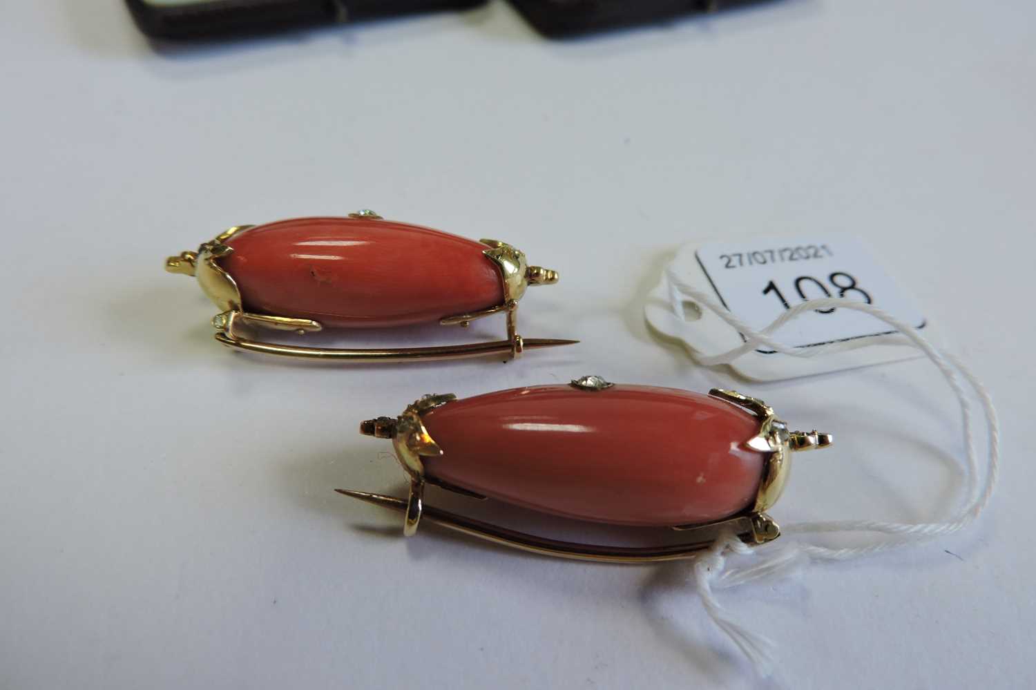 A pair of cased Victorian coral and diamond brooches, - Image 5 of 6