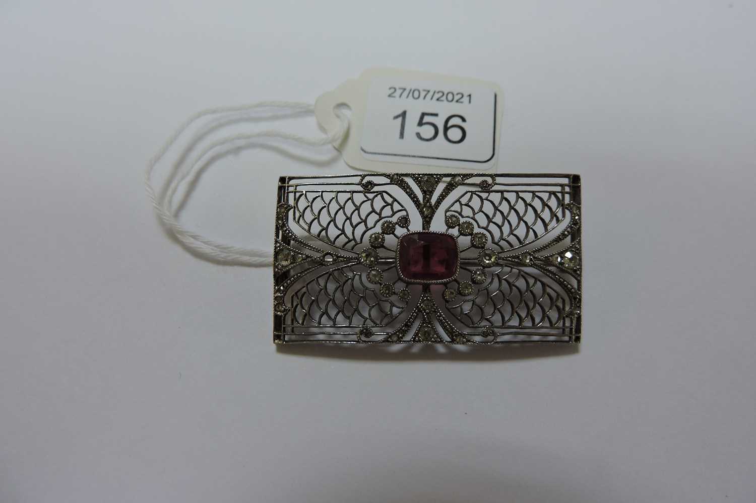 An Art Deco synthetic ruby and diamond rectangular plaque brooch, - Image 3 of 5