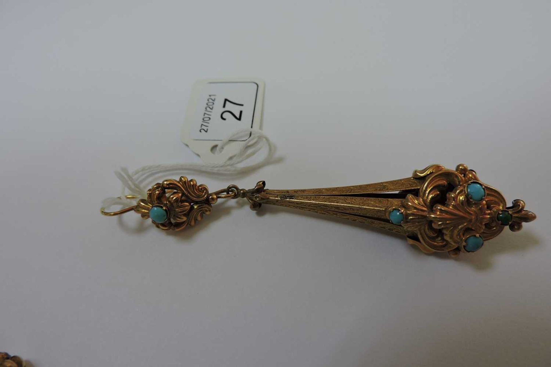 A pair of Regency gold and turquoise set drop earrings, - Image 2 of 4