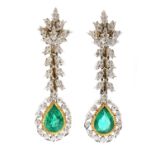 A pair of two colour gold emerald and diamond drop earrings,