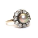 A Continental natural saltwater pearl and diamond cluster ring, c.1890,