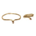 A 9ct gold snake bangle and necklace suite, c.1970,
