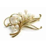 A gold and cultured pearl spray brooch, by Mikimoto,