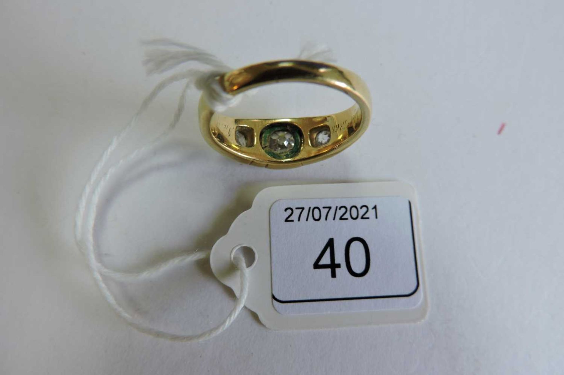 A Victorian three stone graduated diamond and enamel ring, c.1860, - Image 3 of 6