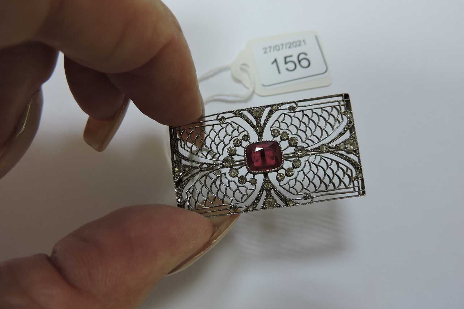 An Art Deco synthetic ruby and diamond rectangular plaque brooch, - Image 5 of 5