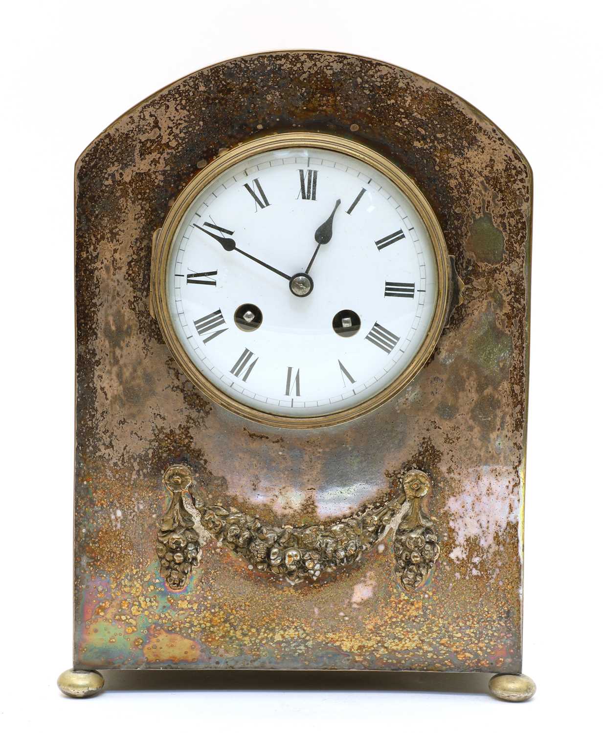 A silver plated two train French mantel clock,