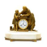 A late 19th century French bronze and white marble figural mantel clock,