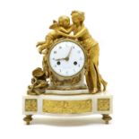 A 19th century French gilt bronze and white marble lady and cherub mantel clock,