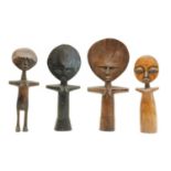 Four Ashanti carved wooden disc head fertility dolls