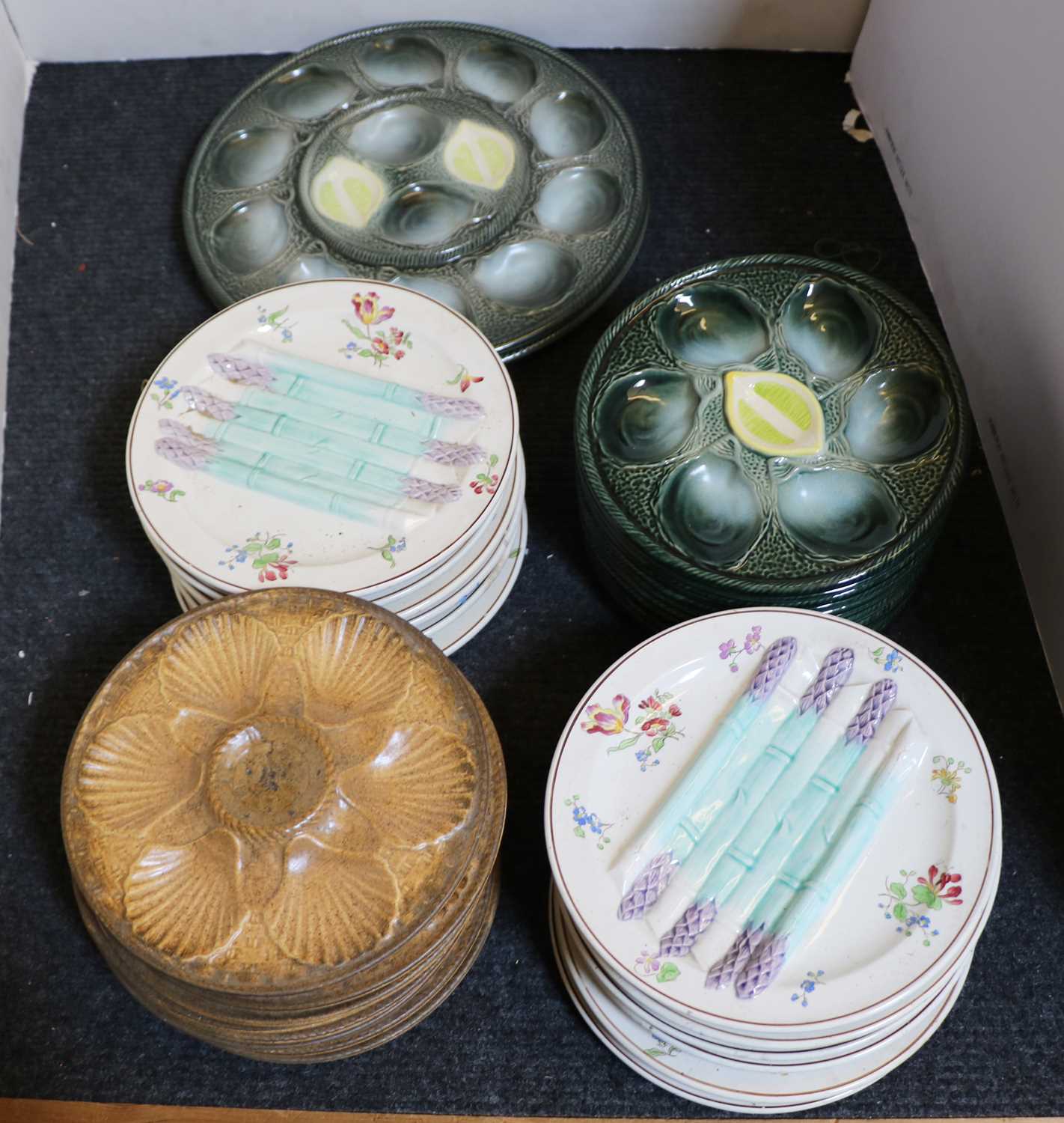 A group of various French faince and pottery oyster and asparagus plates, - Image 3 of 4