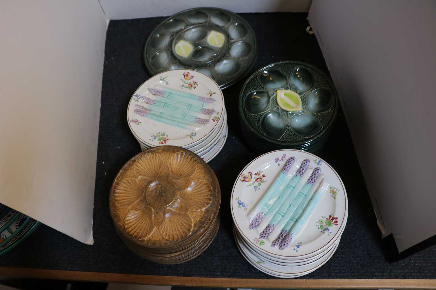 A group of various French faince and pottery oyster and asparagus plates, - Image 4 of 4