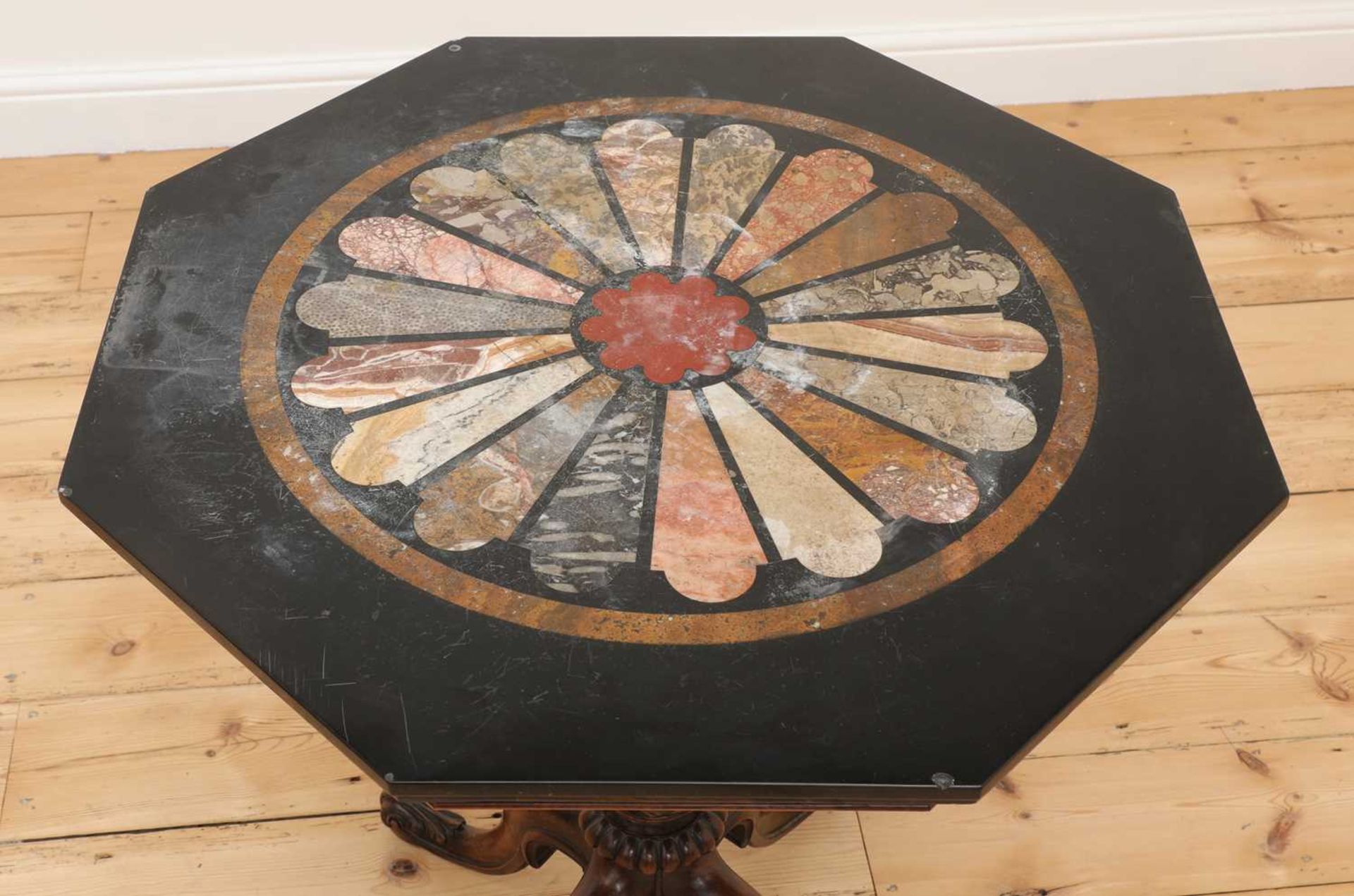 An octagonal walnut and specimen marble-topped table, - Bild 2 aus 3
